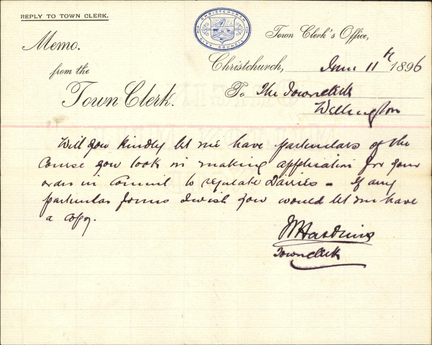 Enquiry regarding dairy regulations - Town Clerk, Christchurch