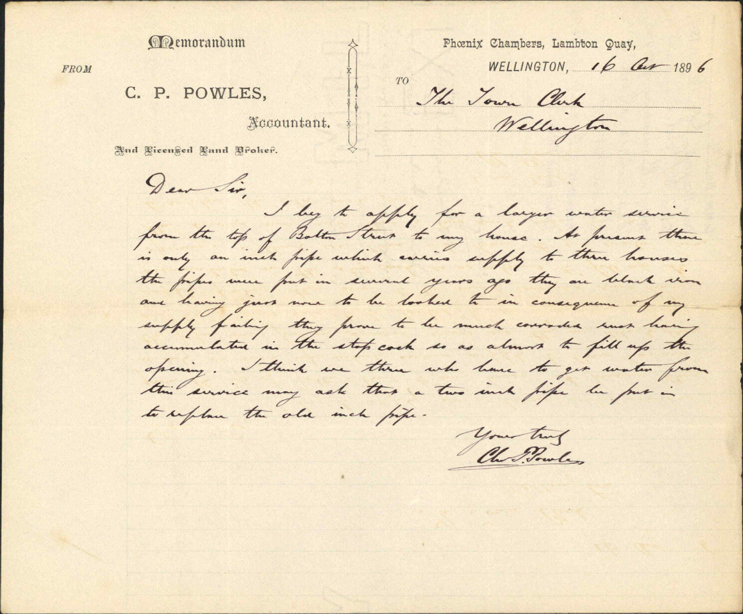Requesting larger water service at top of Bolton Street - C P Powles