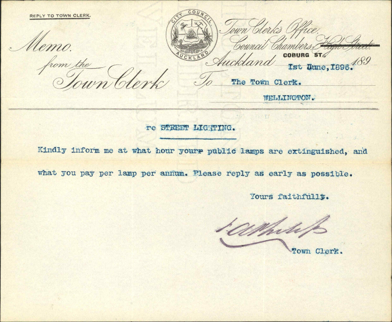 Enquiries regarding electric lighting - Town Clerk, Auckland