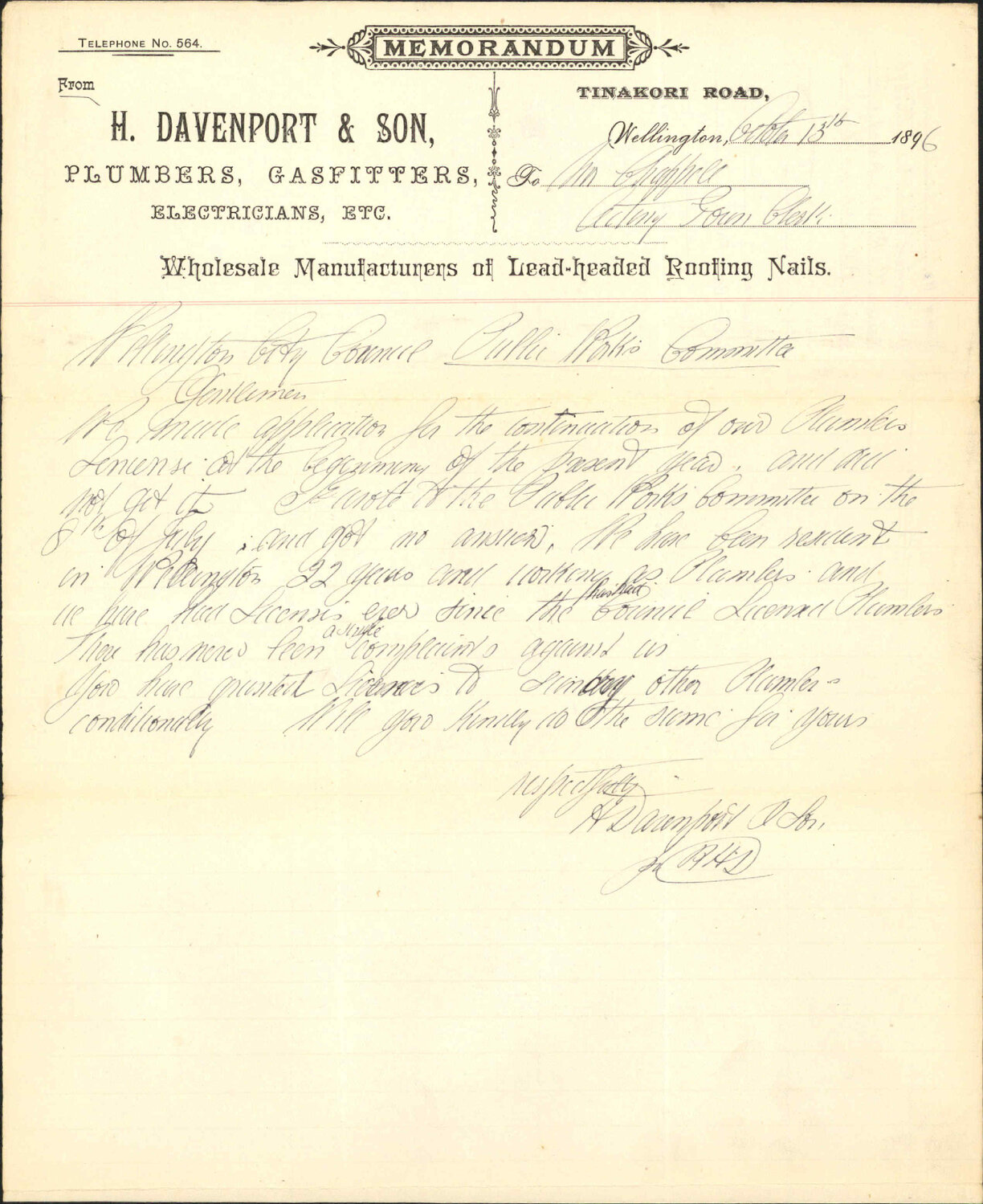 Plumber's license - H Davenport &amp; Son
