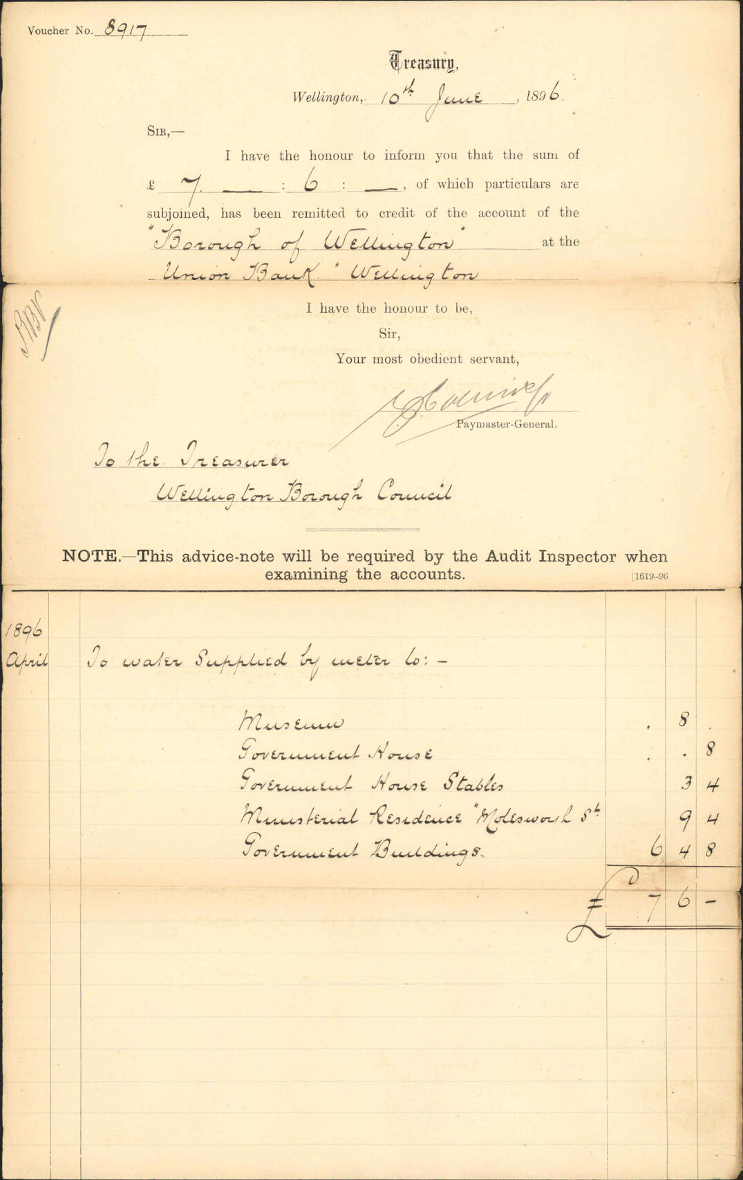 Advising payment of account - Treasury