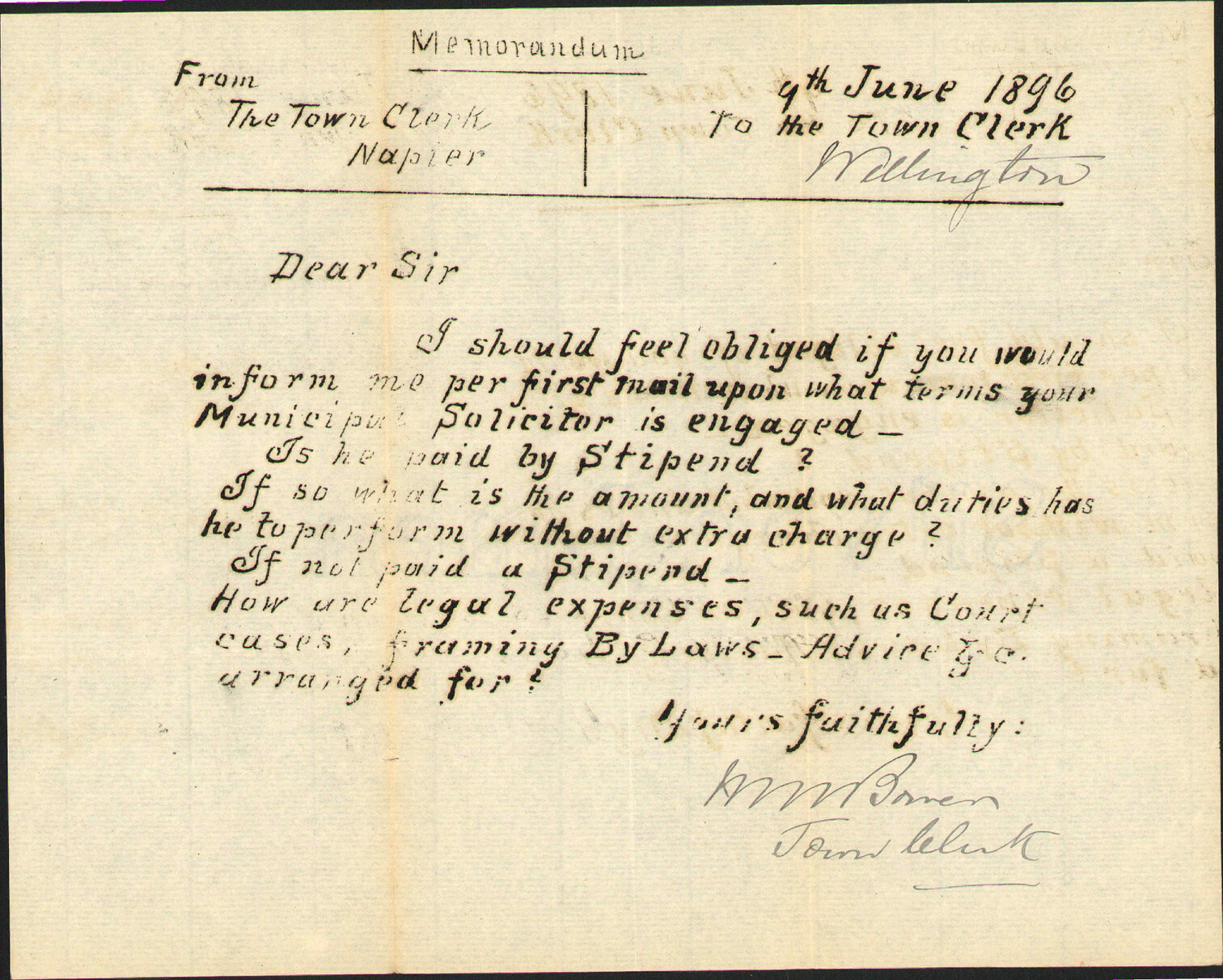 Asking information regarding services of City Solicitor - Town Clerk, Napier