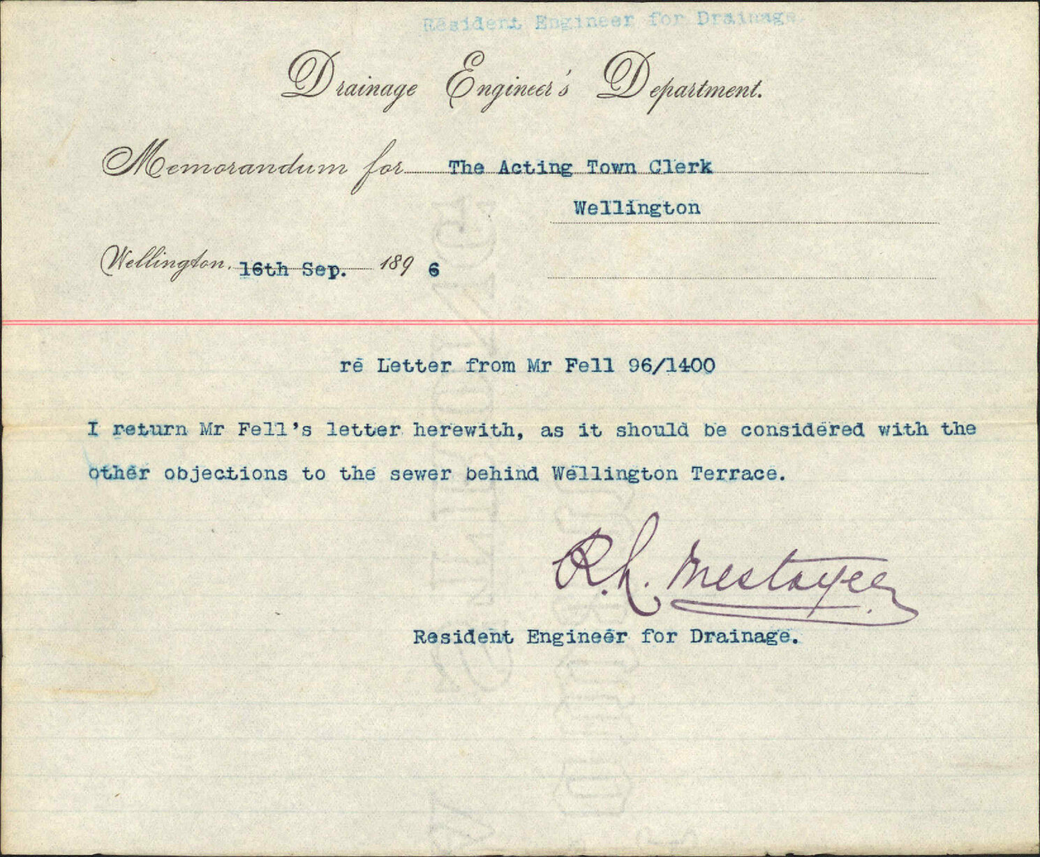 Drainage at his property - Reverend W Fell