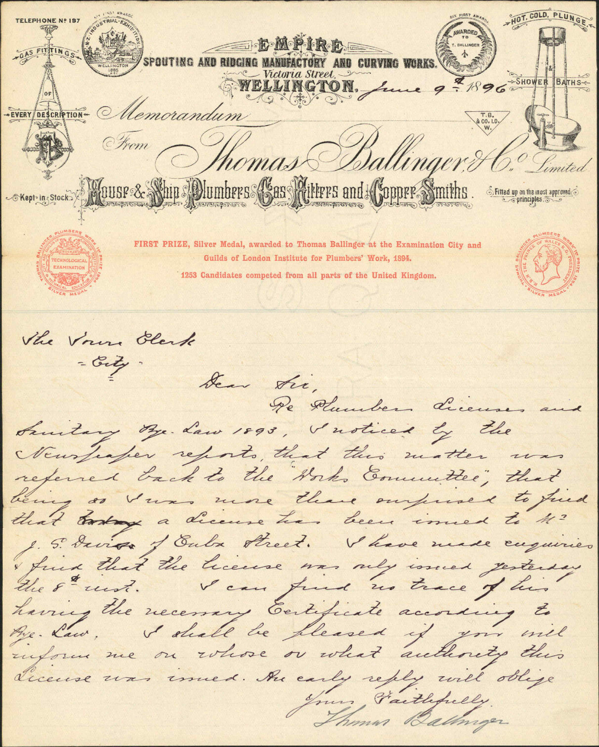 Enquiry regarding J S Davis' plumber's license - Thomas Ballinger