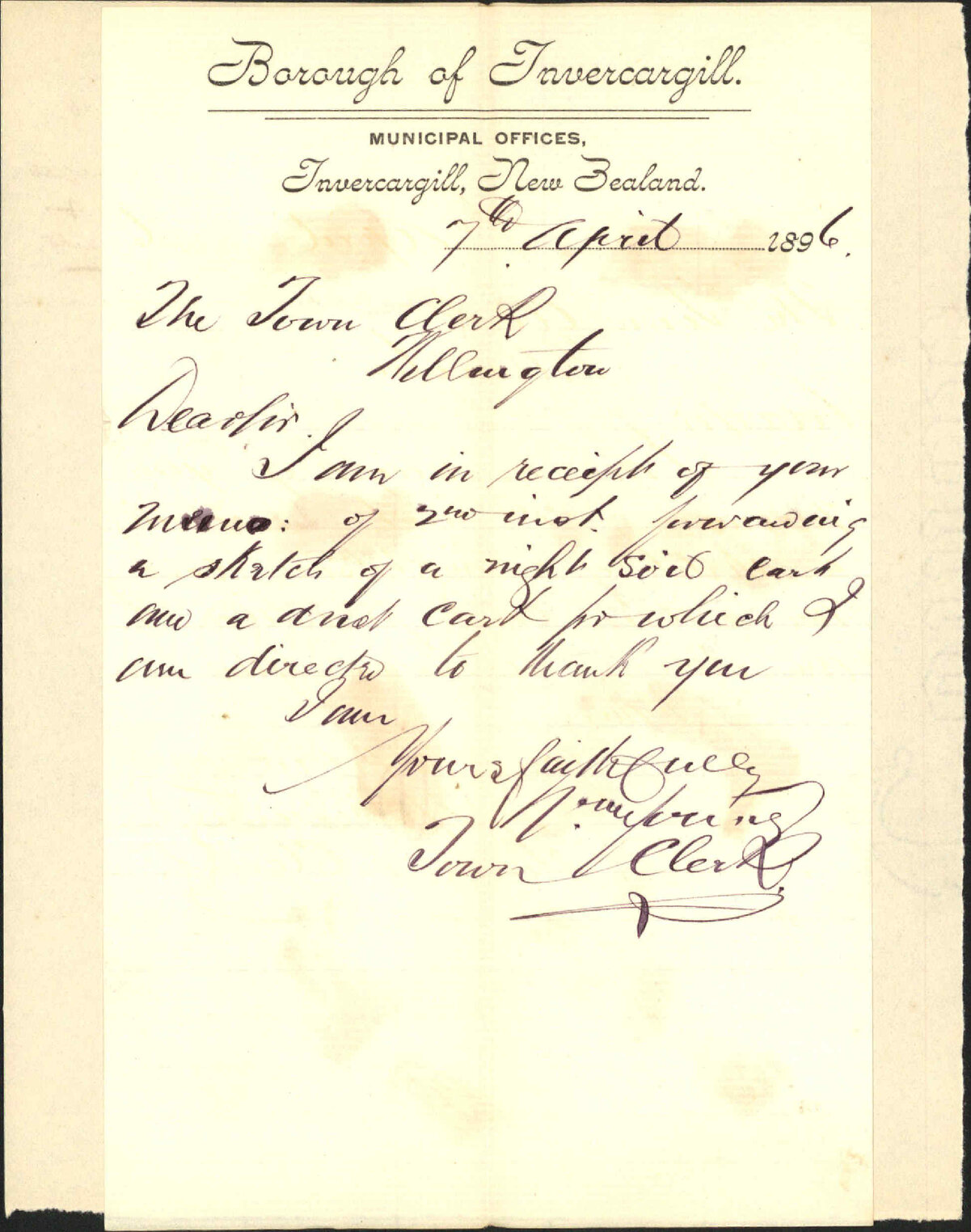 Thanks for sketch of night soil and dust carts - Town Clerk, Invercargill
