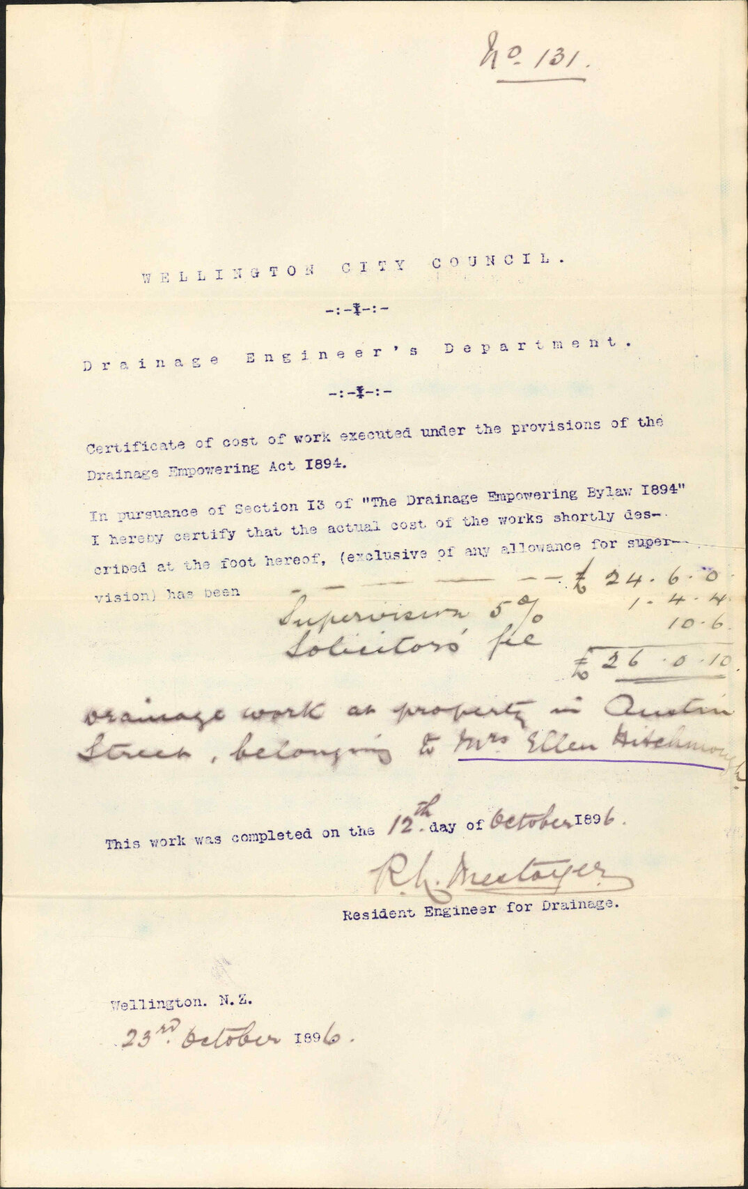 Mrs Hitchnought, cash instead of deferred payment - Drainage Engineer