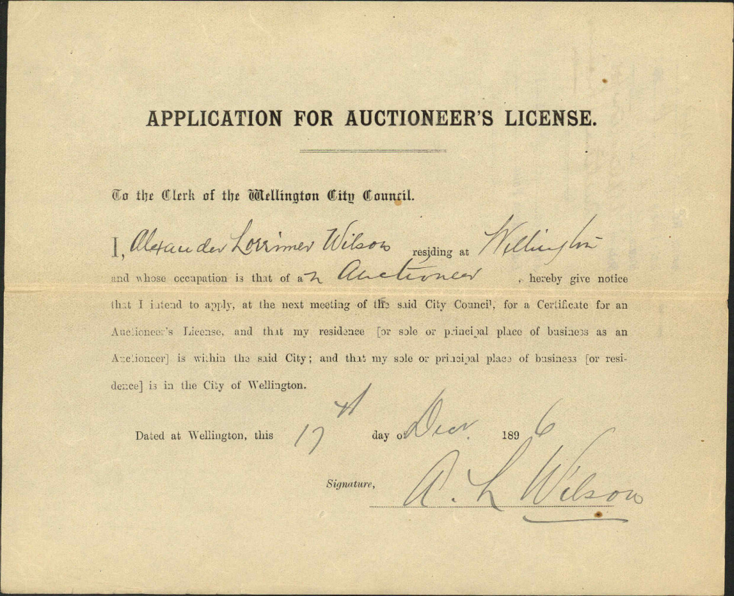 Application for auctioneer's license - A L Wilson