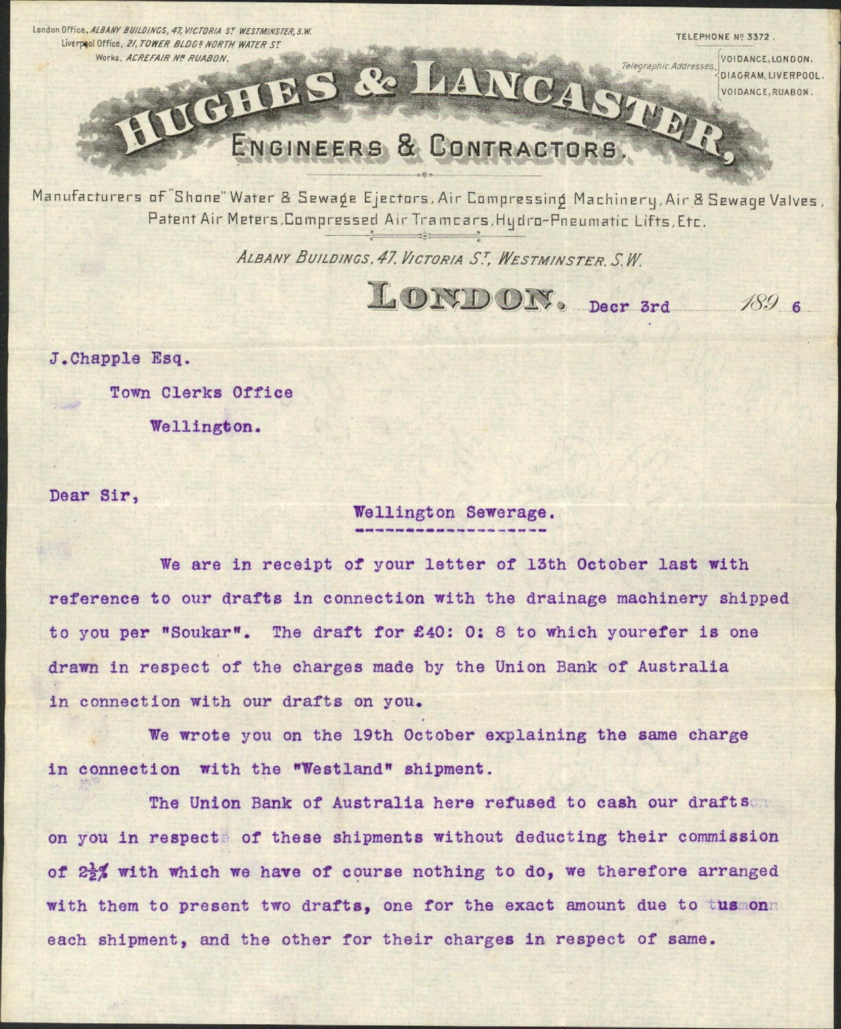Shipment of Drainage Machinery per 'Soukar', Hughes and Lancaster