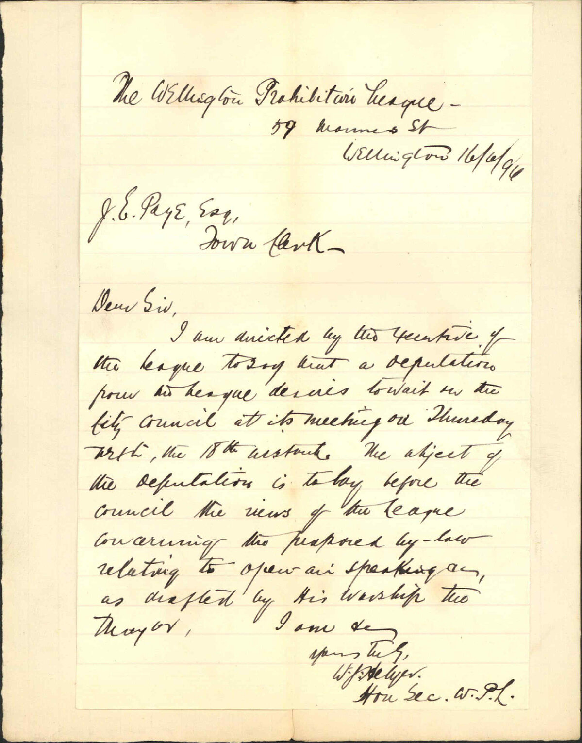 Deputation to wait on the Council regarding proposed street lectures bylaw - Wellington Prohibition League