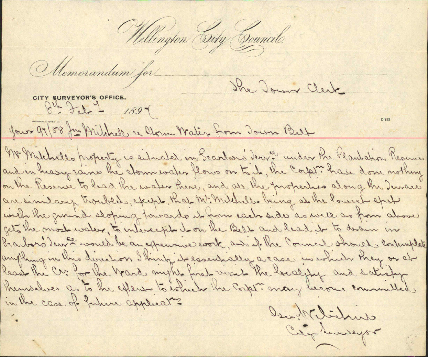 John Mitchell re Stormwater from the Town Belt onto his property, 16 January City Surveyor memo to Town Clerk re John Mitchell AND stormwater from the Town Belt on to his property, 8 February
