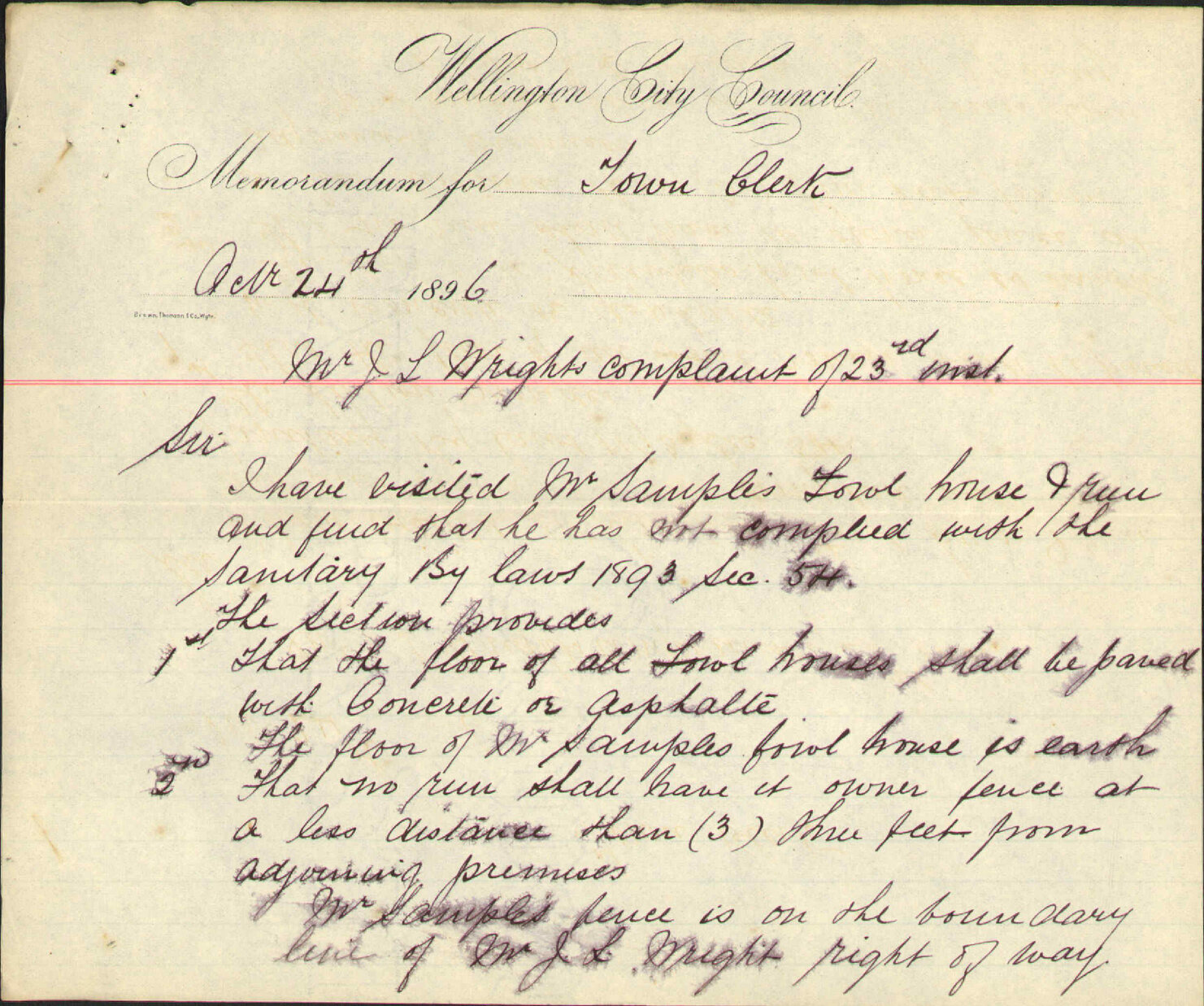 Complaint regarding fowl house - J L Wright