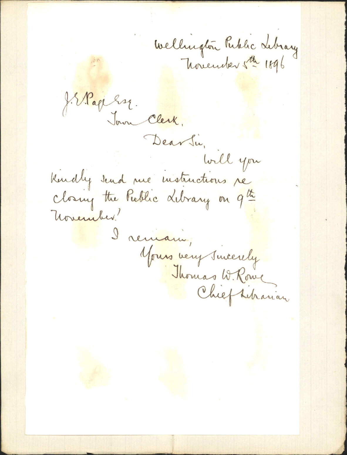 Enquiry regarding holiday on the 9th inst - the Librarian