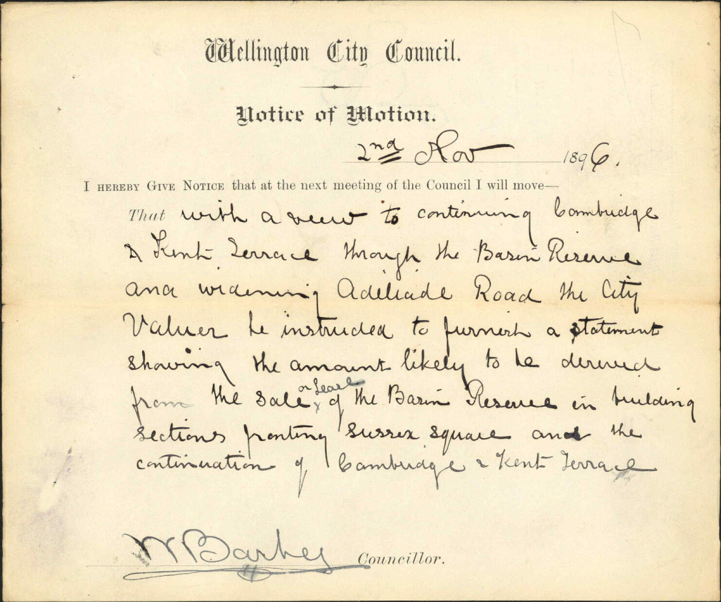 Notice of motion regarding Basin Reserve - Councillor Barber