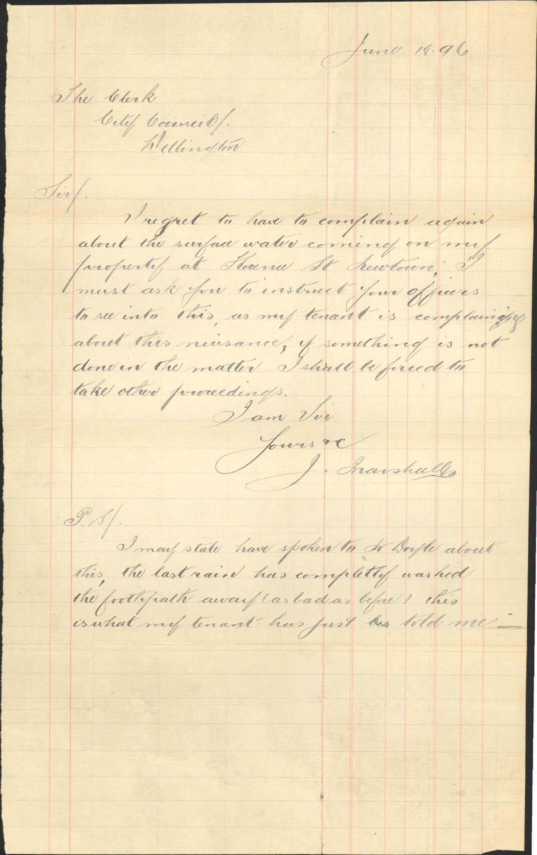 Complaint regarding surface water at his property - J Marshall