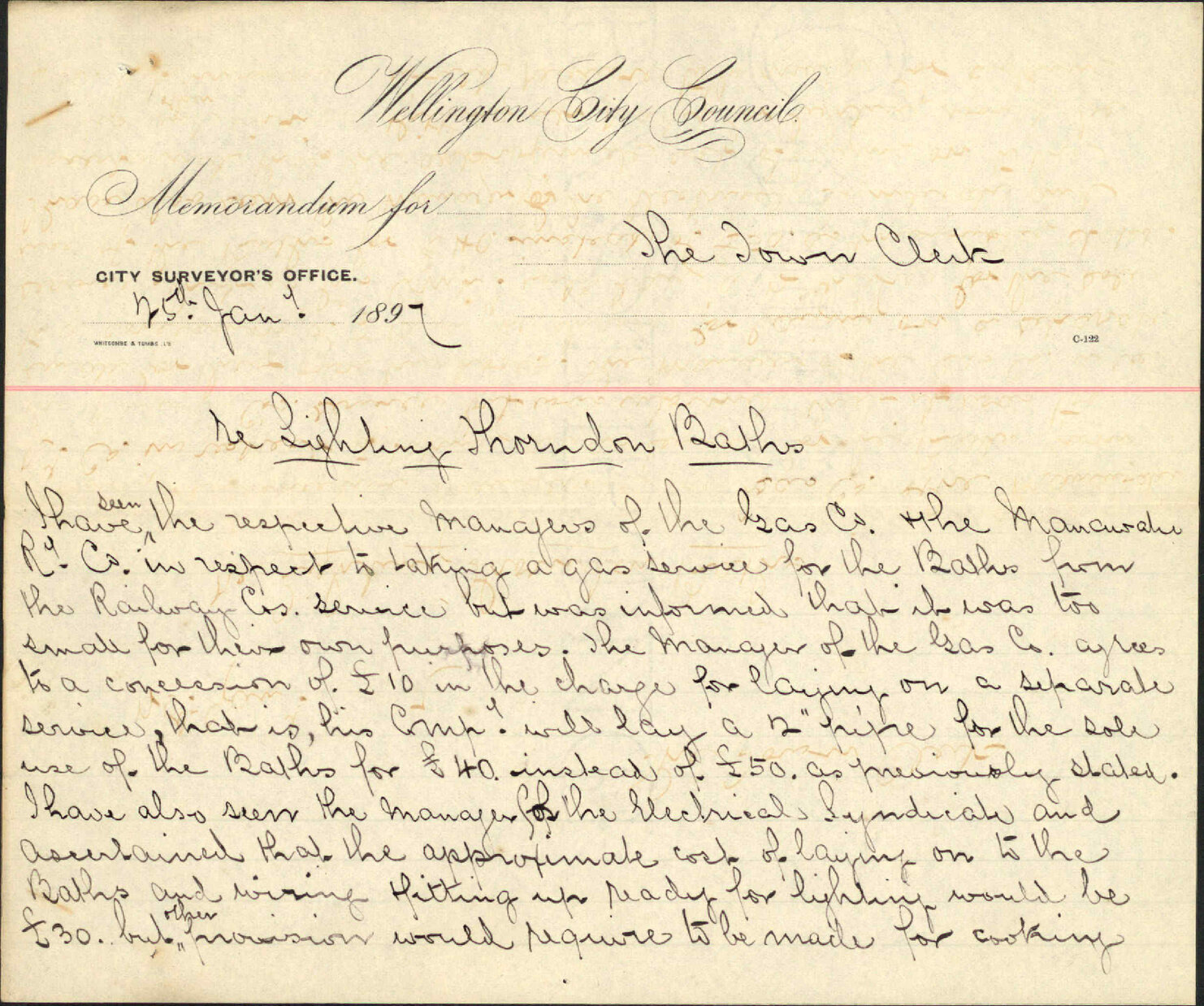 City Surveyor Re Memo to Town Clerk re lighting Thorndon Baths