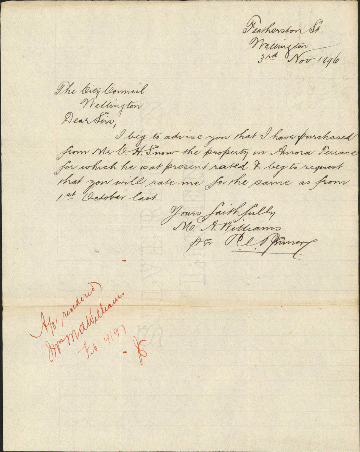 Notice of purchase of property from C H Snow - M A Williams