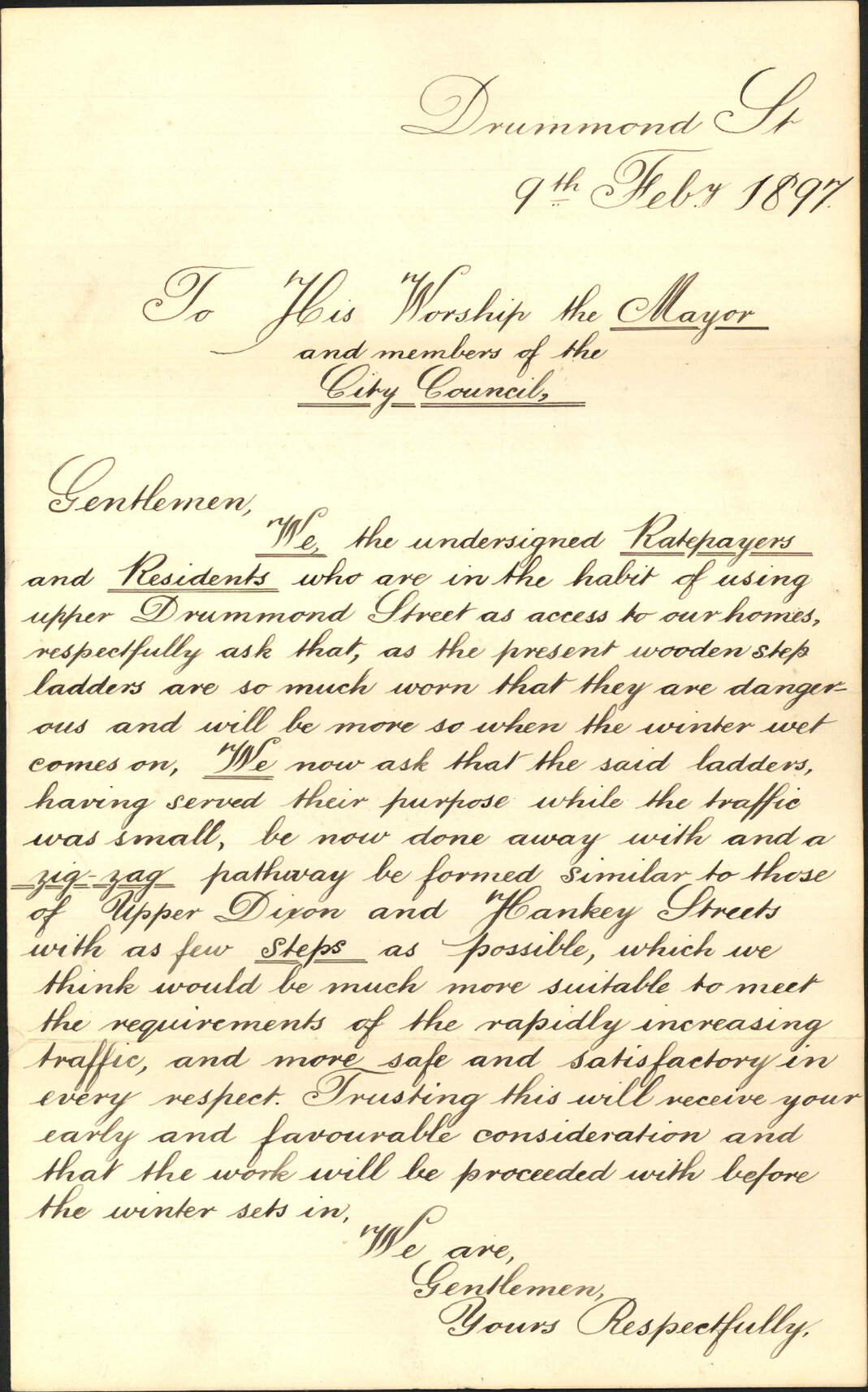Petition regarding steps at Drummond Street - H J Underwood and others