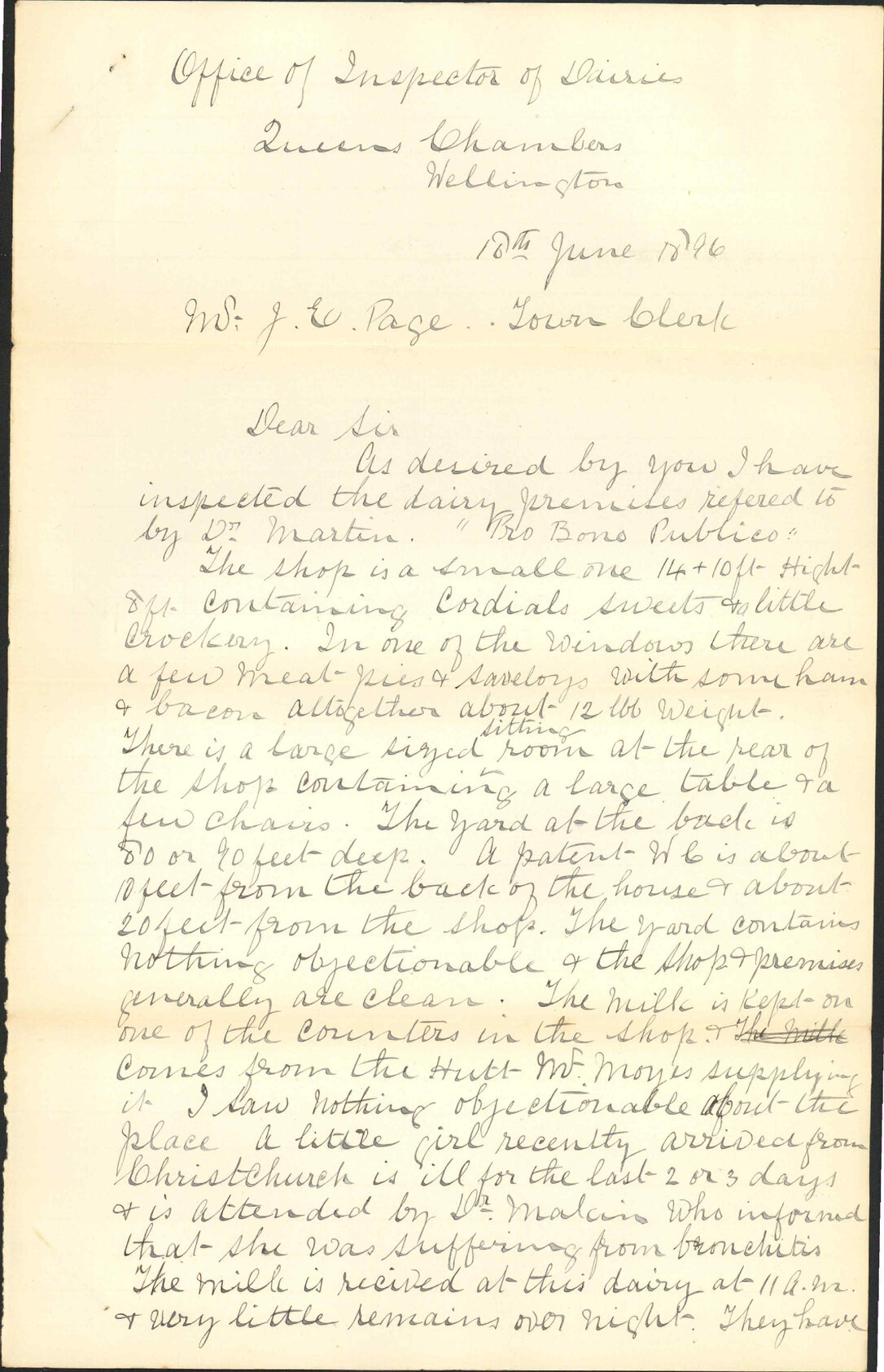 Report regarding shop in Ingestre Street - Inspector of Dairies