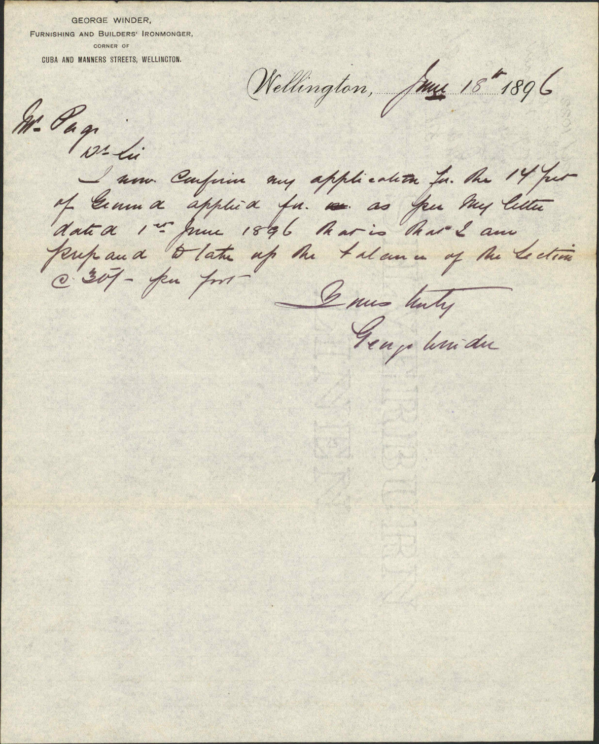 His application for lease of land - George Winder