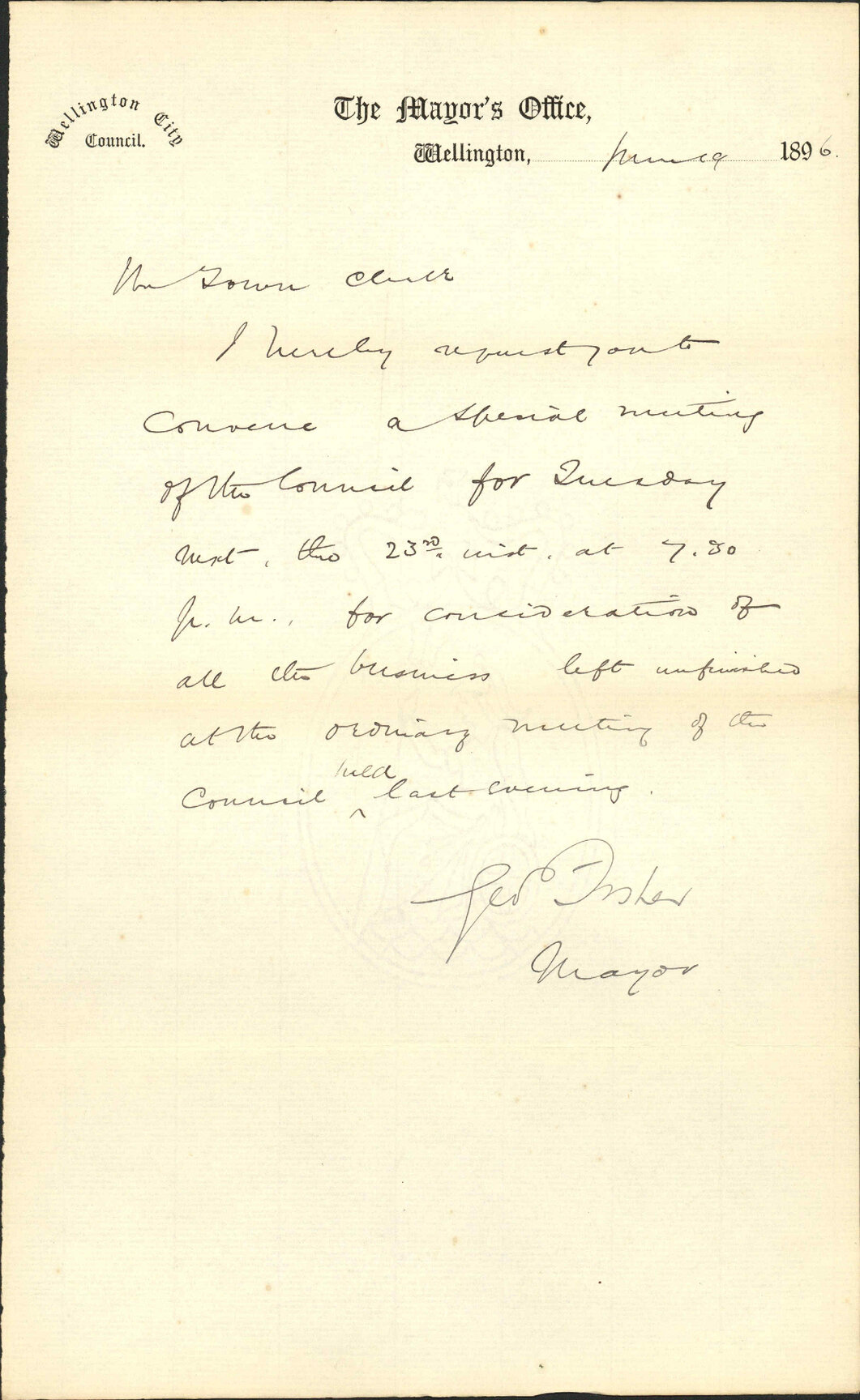 Requisition for special meeting - the Mayor, Wellington