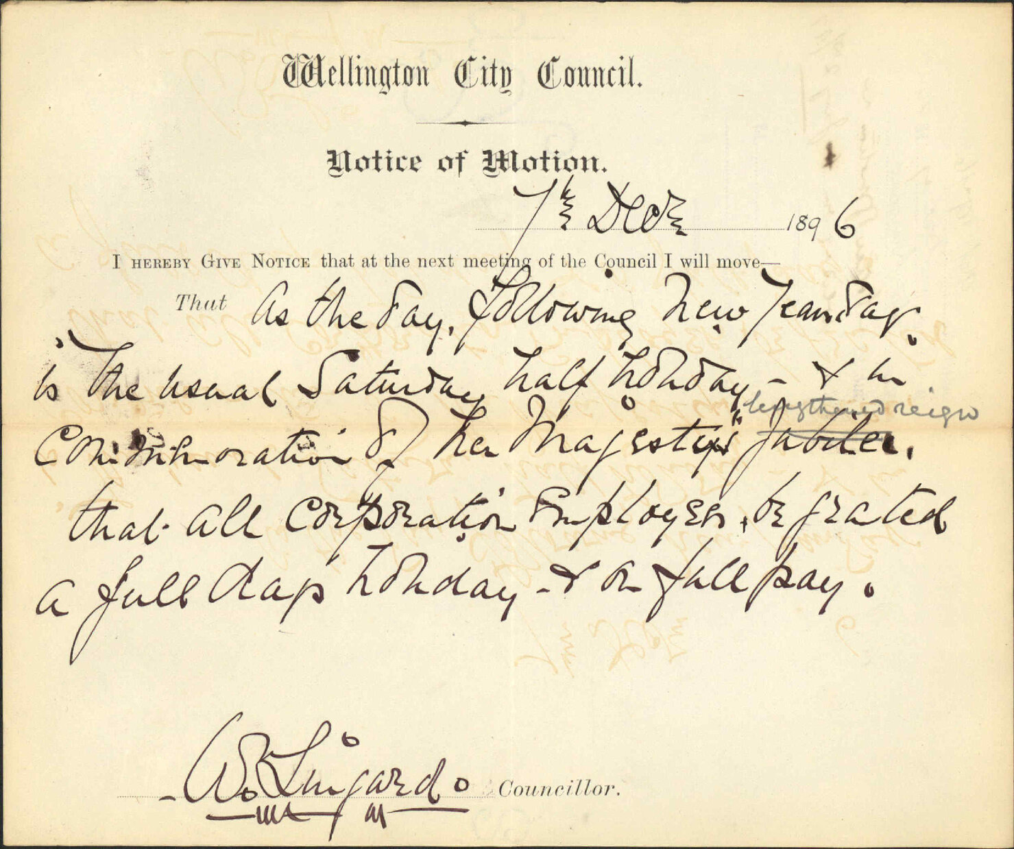 Notice of motion regarding holiday on January 2nd 1897 - Councillor Lingard