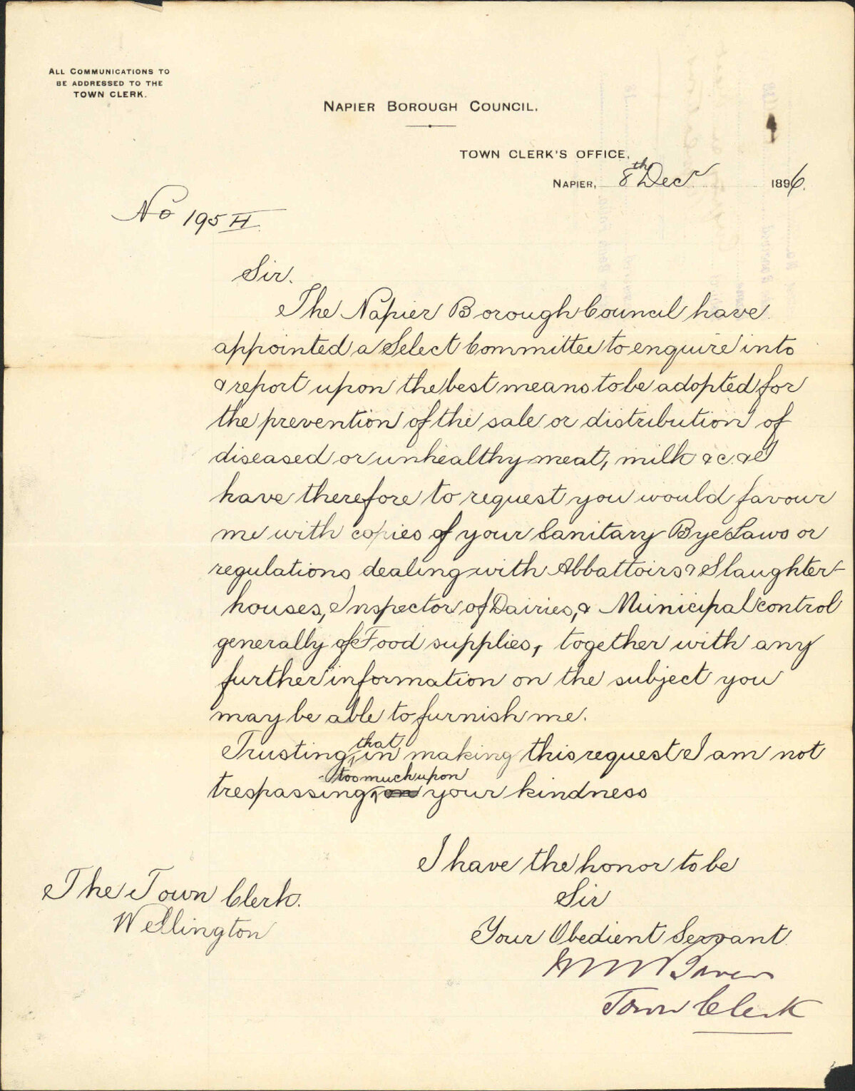 Enquiry regarding meat regulations - Town Clerk, Napier