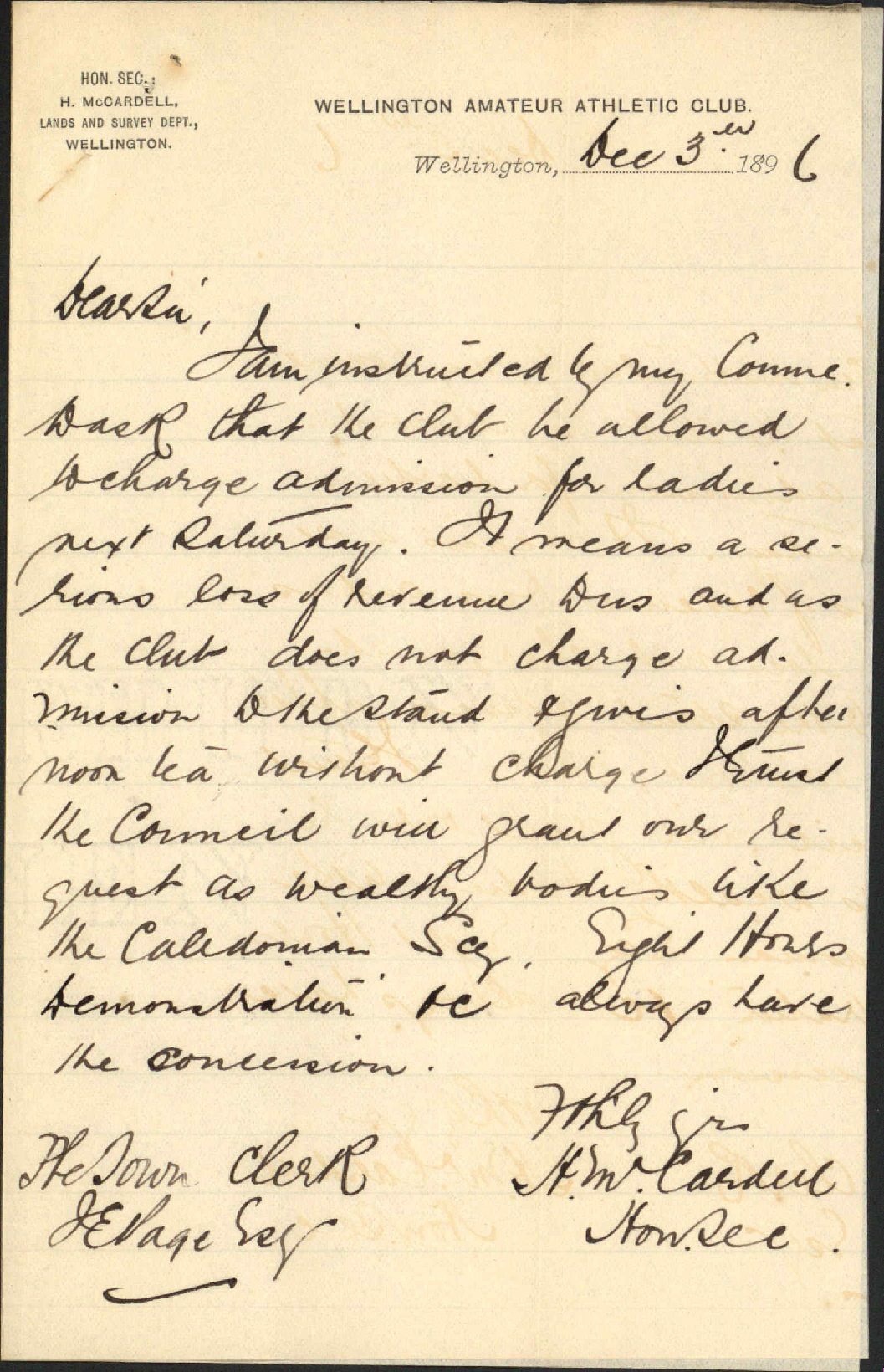 Asking leave to charge for admission of ladies to the Basin Reserve - Amateur Athletic Club