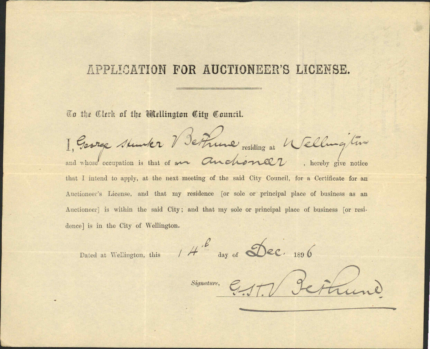 Application for auctioneer's license - G H Bethune