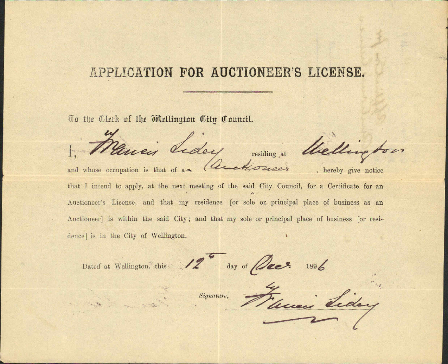 Application for auctioneer's license - F Sidey