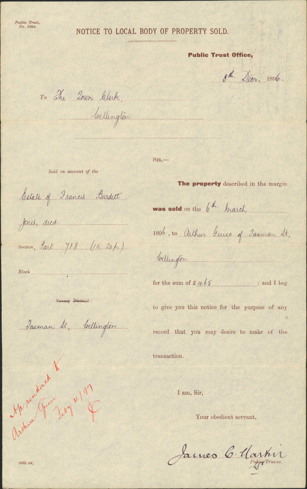 Notice of sale of property (Mrs Jones) - Public Trustees