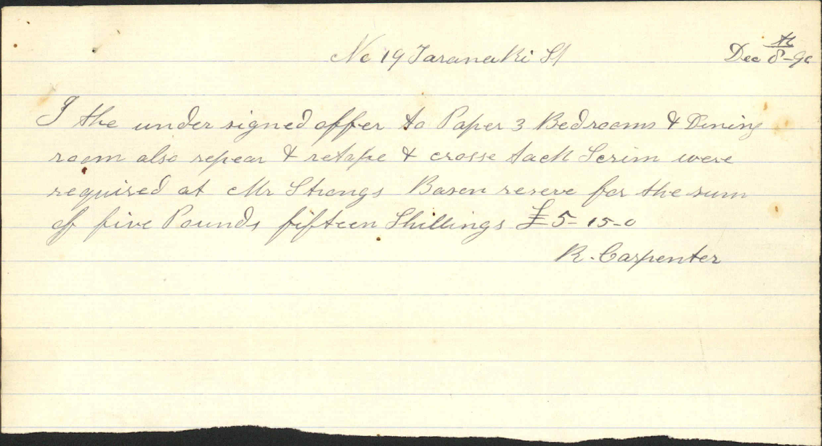 Tenders for papering etc at Basin Reserve - J W Evans and another