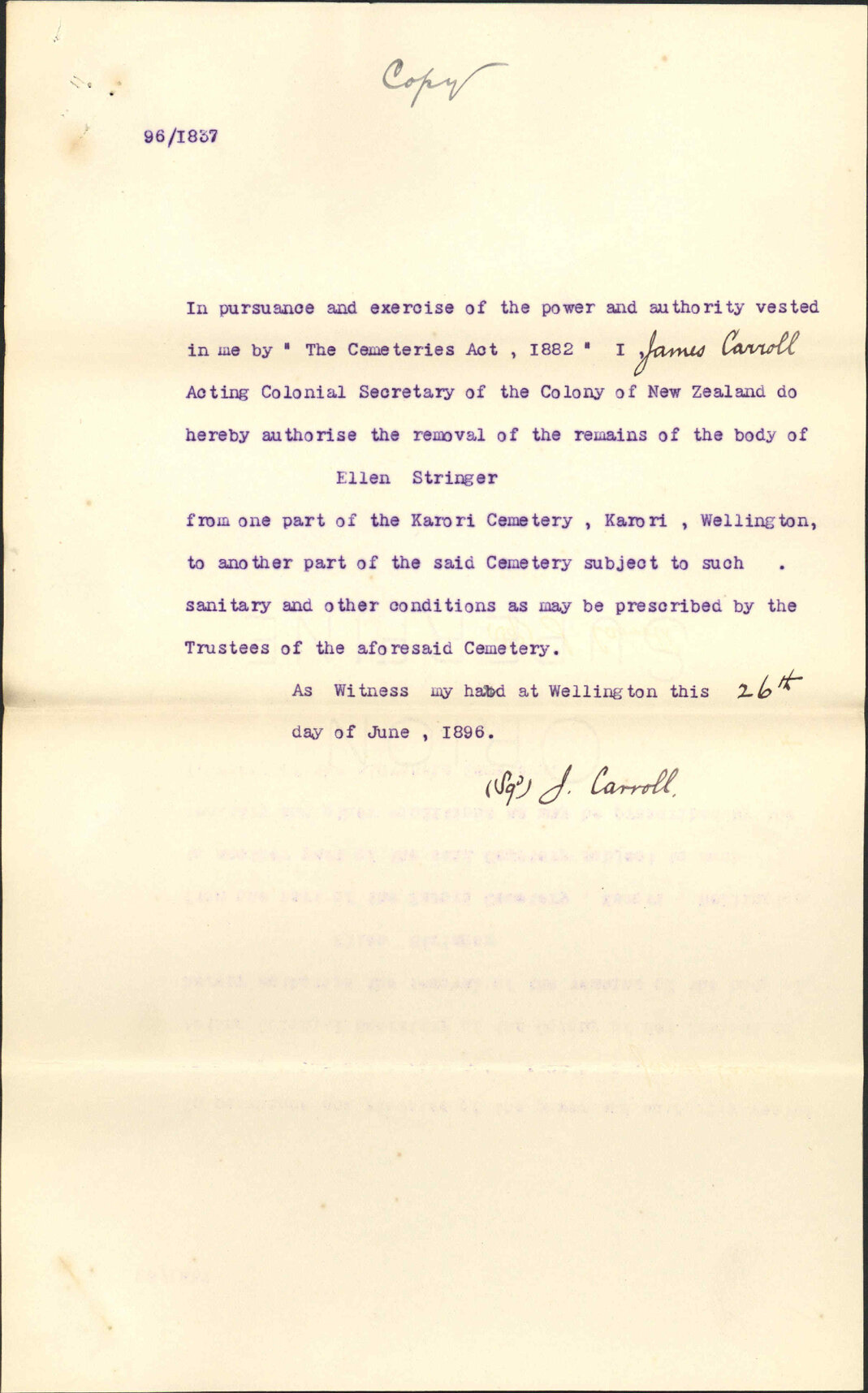 Disinterment at Cemetery (Stringer) - Colonial Secretary