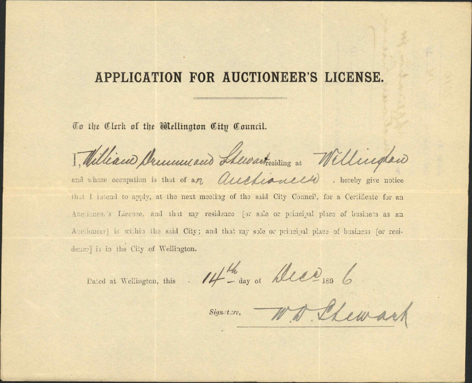 Application for auctioneer's license - W D Stewart