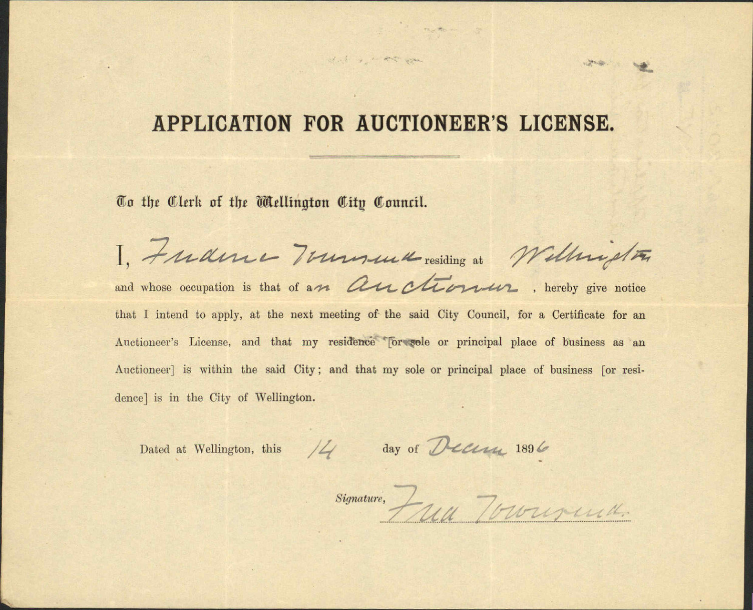Application for auctioneer's license - F Townsend