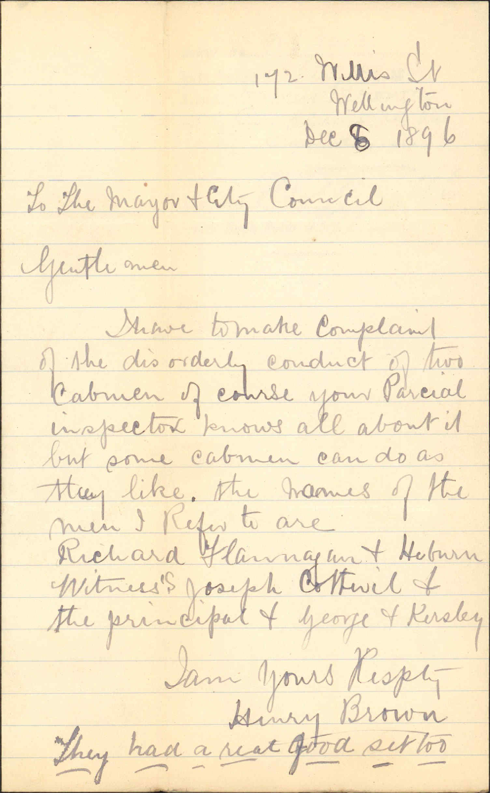 Complaint regarding two cab drivers - Henry Brown