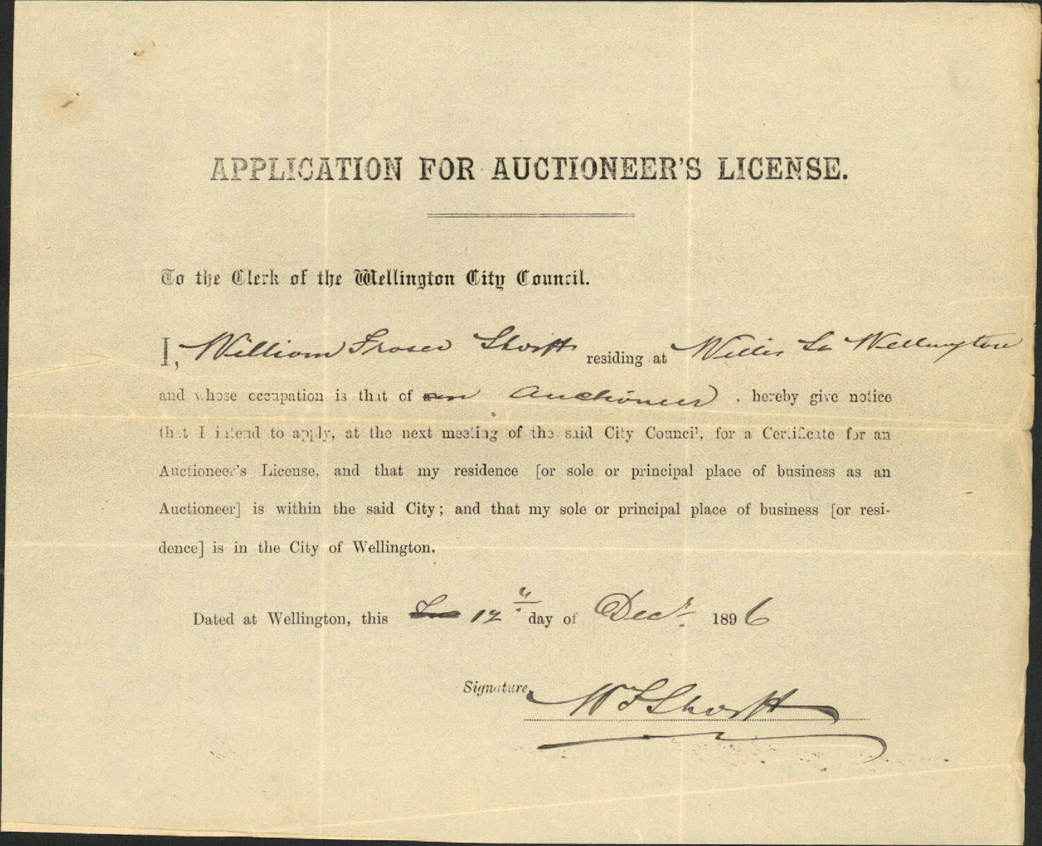Application for auctioneer's license - W F Shortt