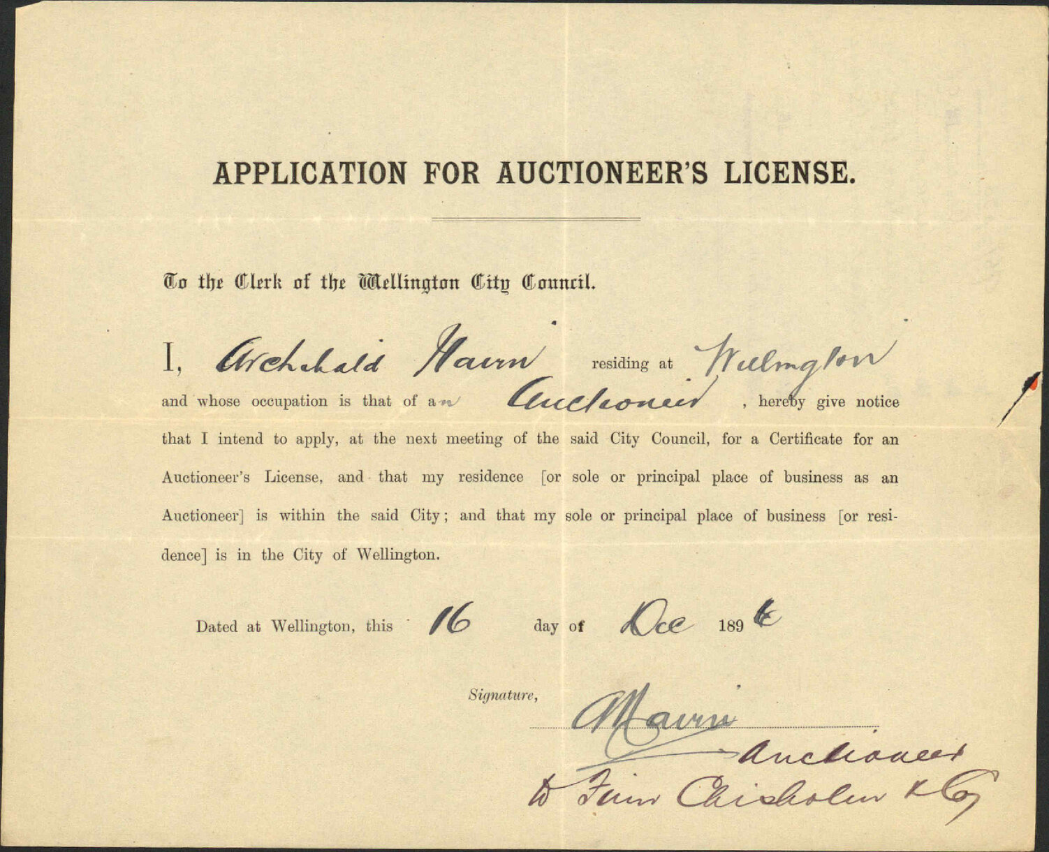 Application for auctioneer's license - A Hairn