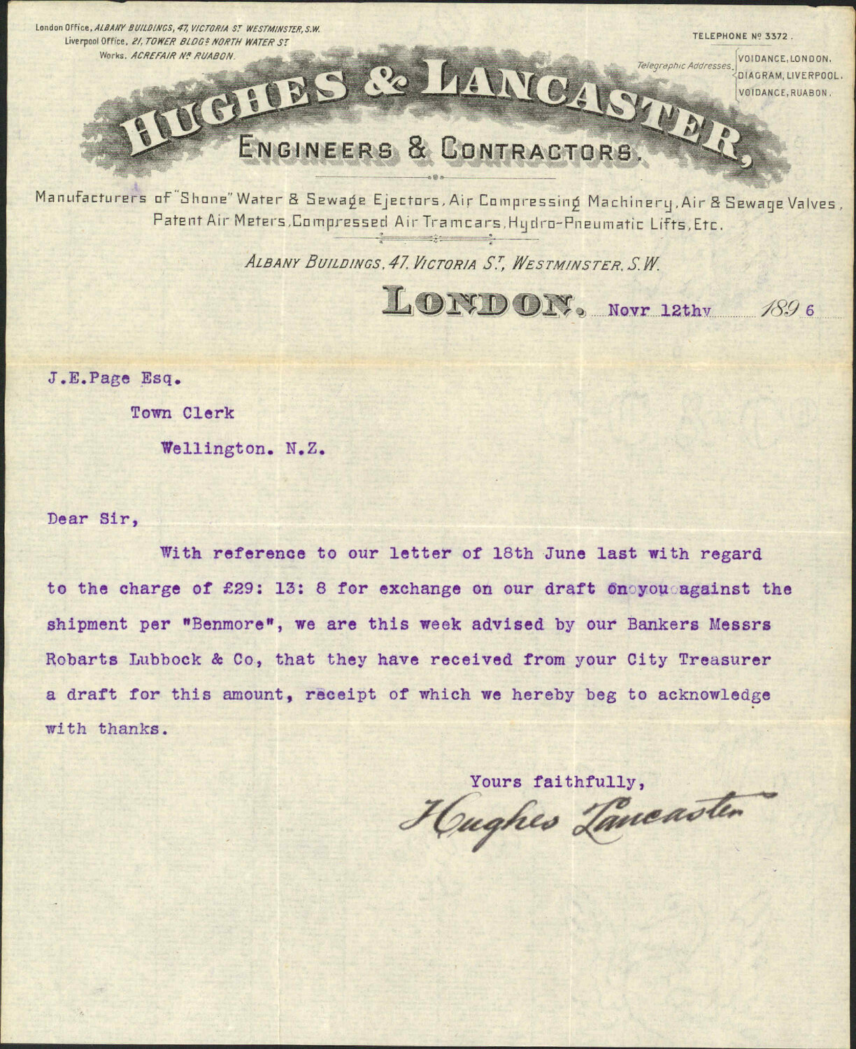 Shipment per "Benmore" - Hughes &amp; Lancaster