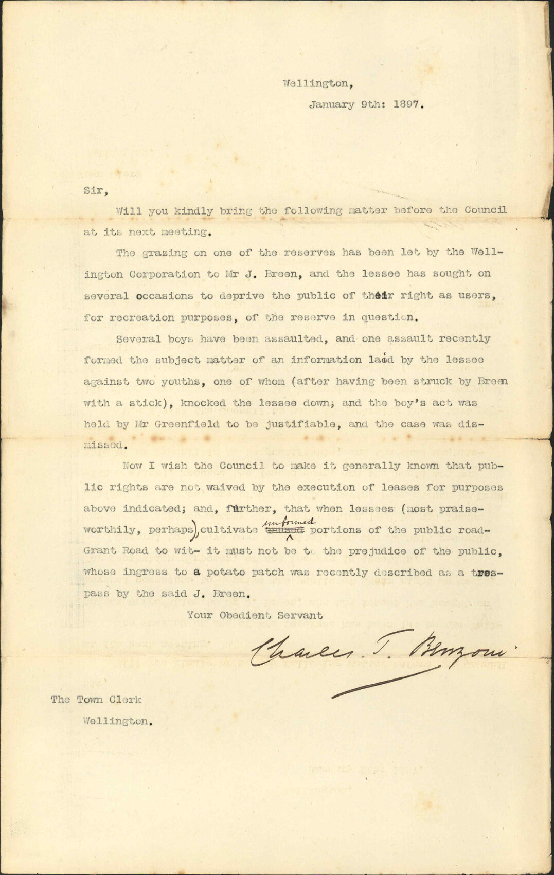 Charles T Benzou Re Access to Town Belt