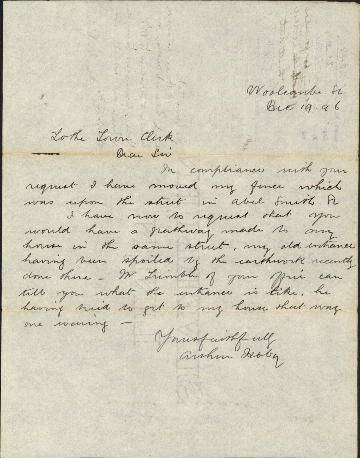 Asking for formation of pathway to his property at Abel Smith Street - Arthur Hoby