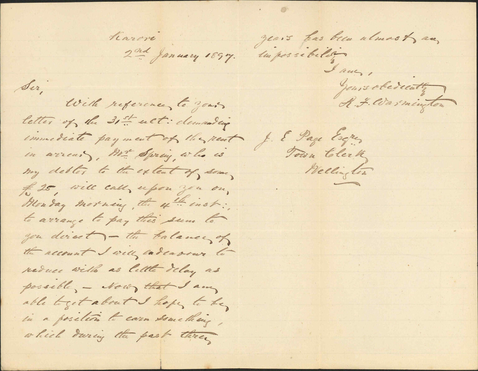 R J Warmington Re Payment of rent in arrears