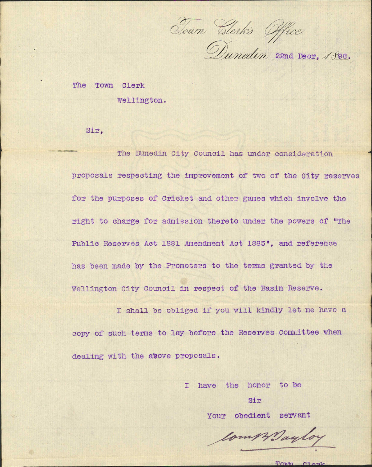 Enquiry regarding Basin Reserve - Town Clerk, Dunedin