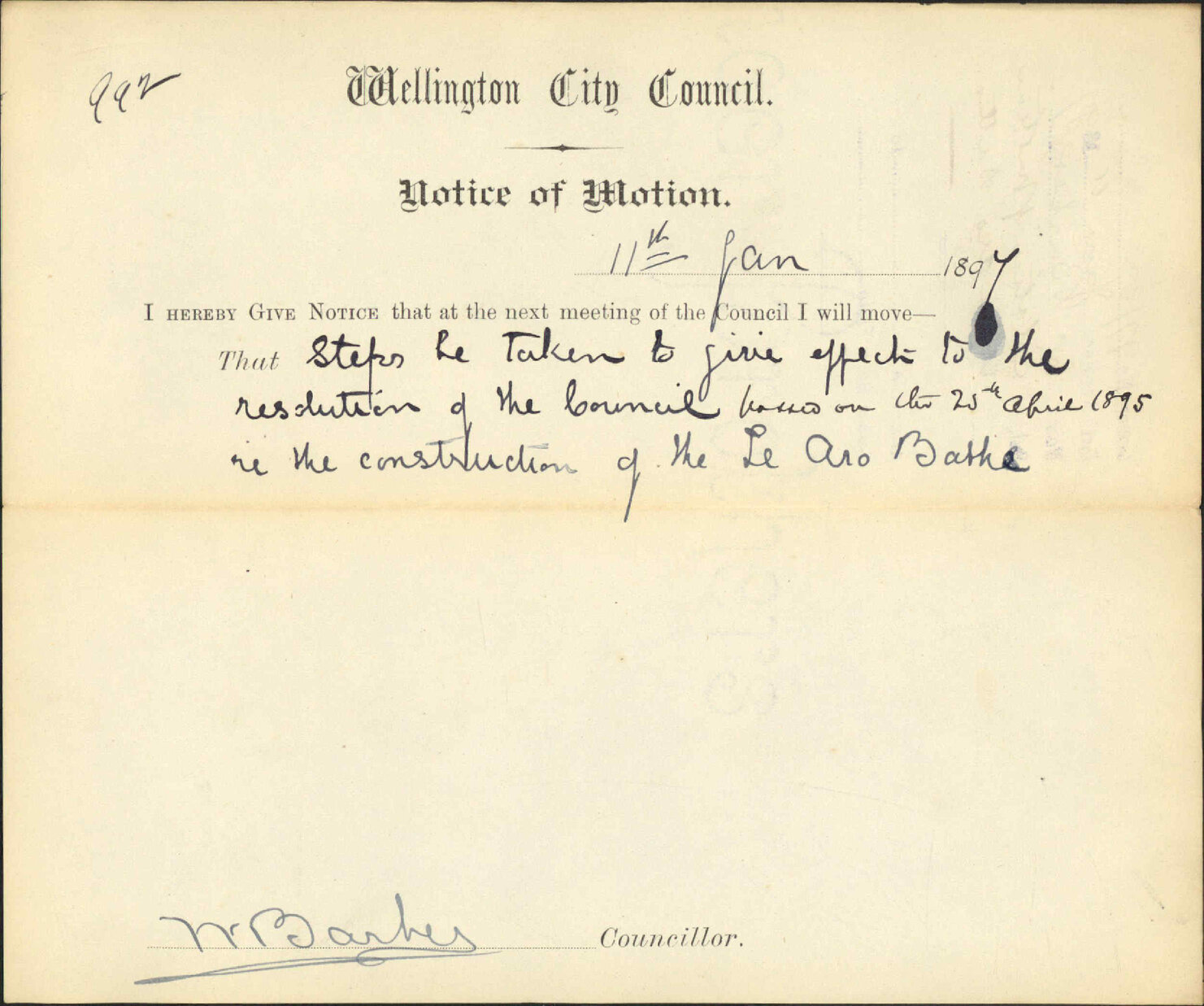 Councillor Barber Notice of Motion re Te Aro Baths