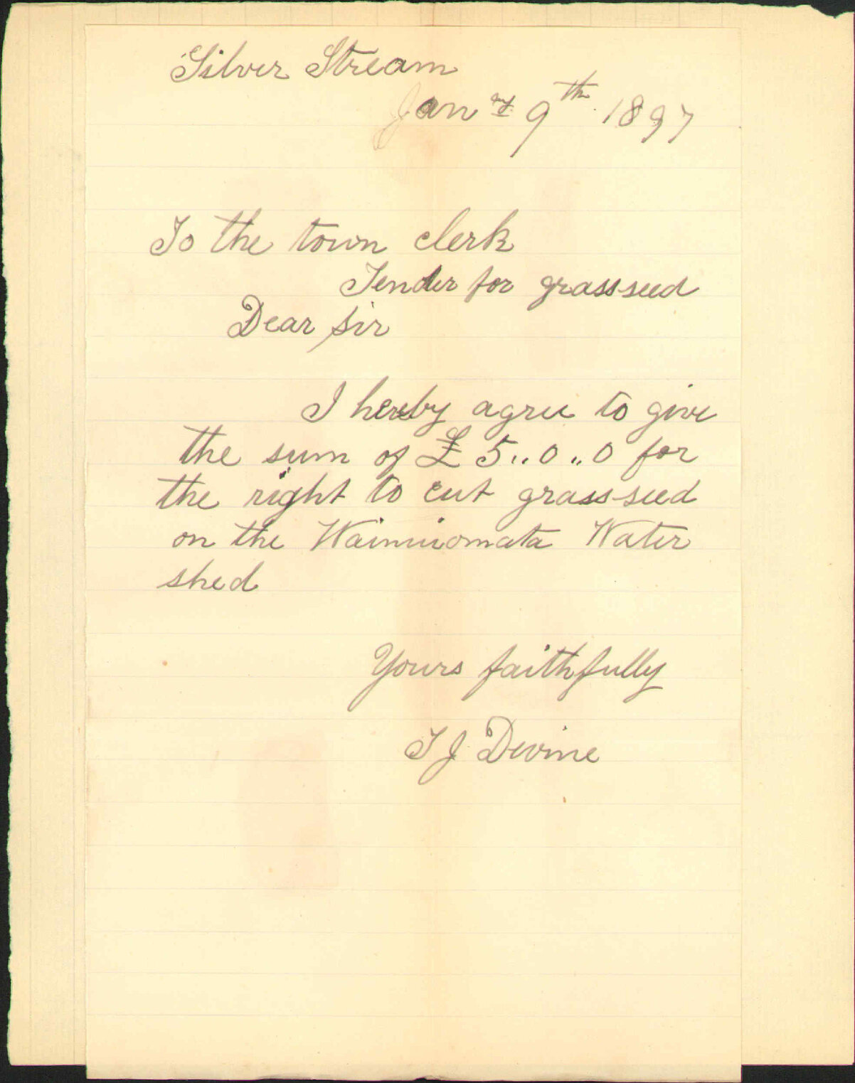 T J Devine Re Tender to cut grass seed on the Wainuiomata Water Shed