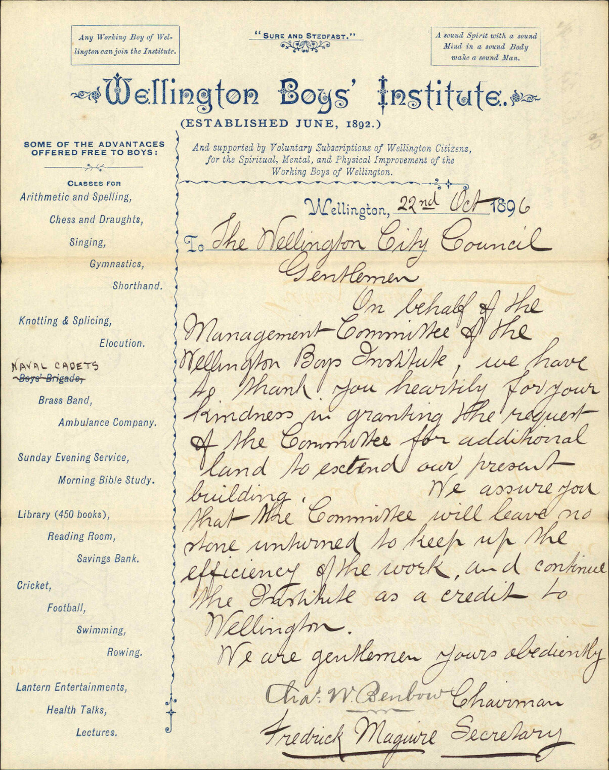Thanks for grant of land - Wellington Boys' Institute