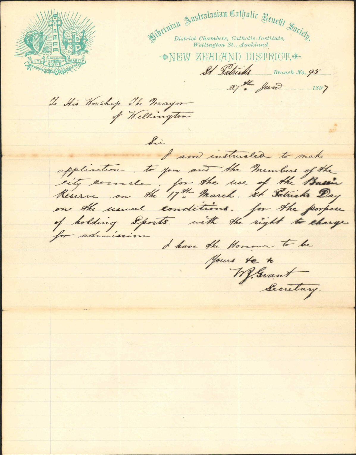 Asking use of the Basin Reserve on St Patrick's Day - Hibernian Society