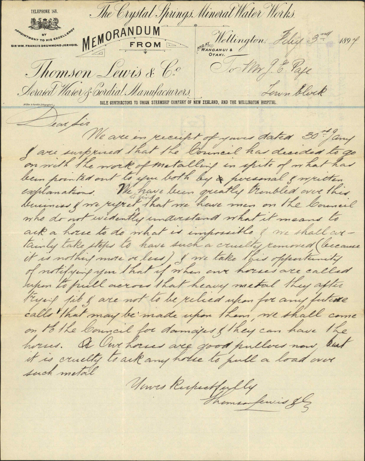 Further regarding metalling in Lorne Street - Thomas, Lewis &amp; Company