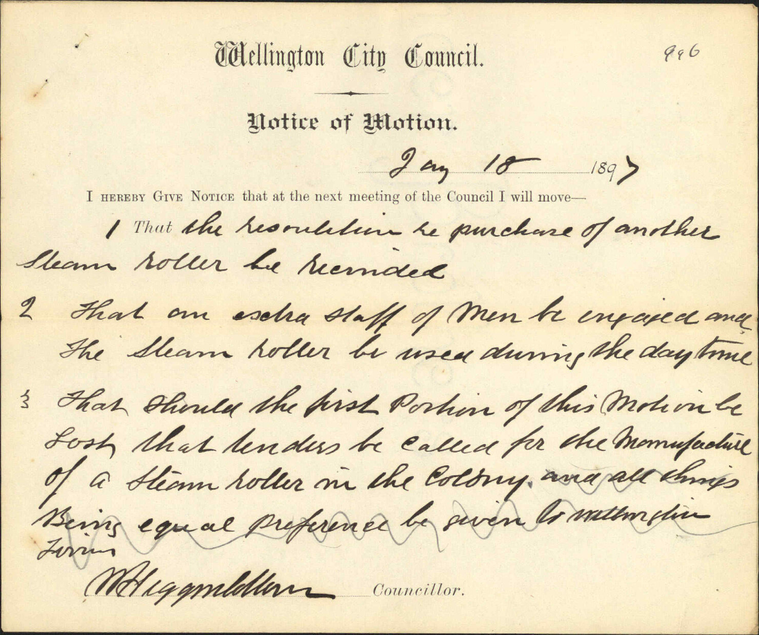 Councillor Higginbottom: Notice of Motion (1) Re Te Aro Baths (2) The Steam Roller