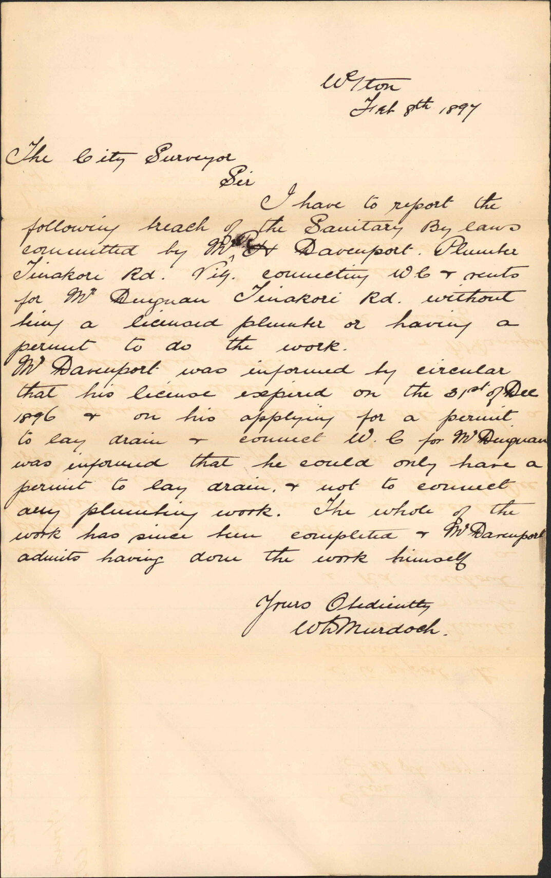 Report regarding Mr R H Davenport and plumbing work - City Surveyor