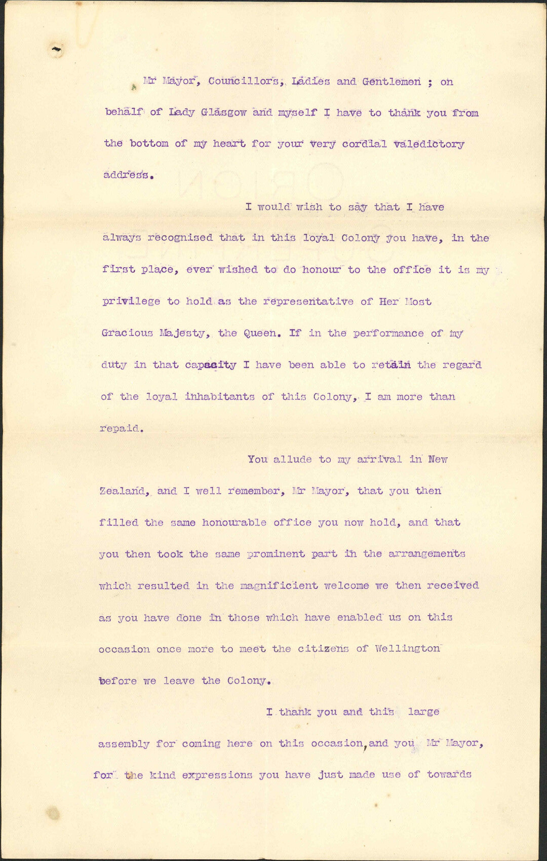 Reply to address from the citizens - His Excellency the Governor